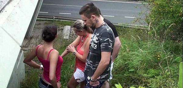  A girl with huge natural tits and a young teen chick fucked in a public street foursome by 2 hung guys with big dicks doing oral deep throat oral blowjob and sexual intercourse in the doggy style position and cum on her gorgeous big natural boobs